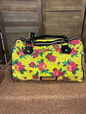 Betsey Johnson Yellow Floral Satchel with Pink Rose Accents